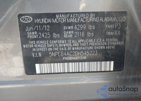 2013 Hyundai Sonata Gls z USA, uszkodzony, nr VIN 5NPEB4AC2DH545223
